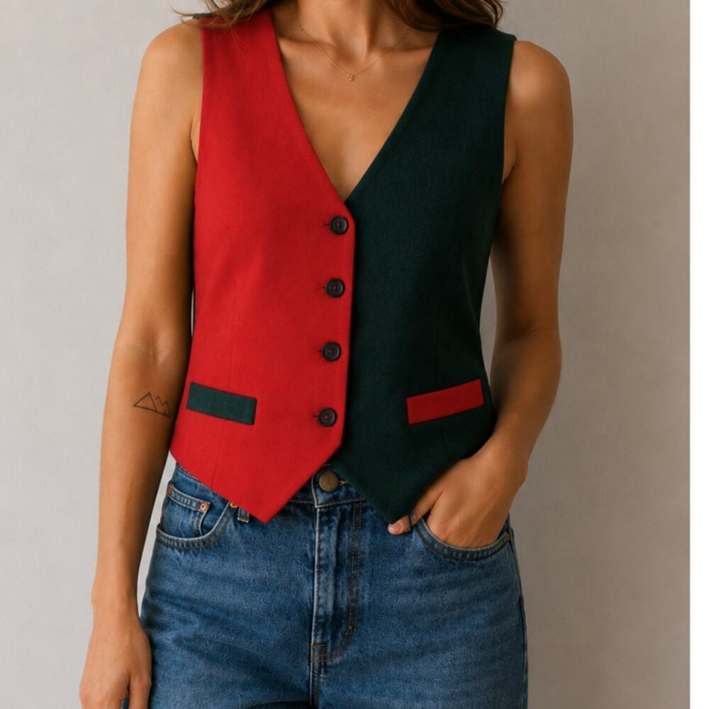 Vintage Orvis Colorblock Vest Preppy USA Waistcoat Green Red Two-Tone Small